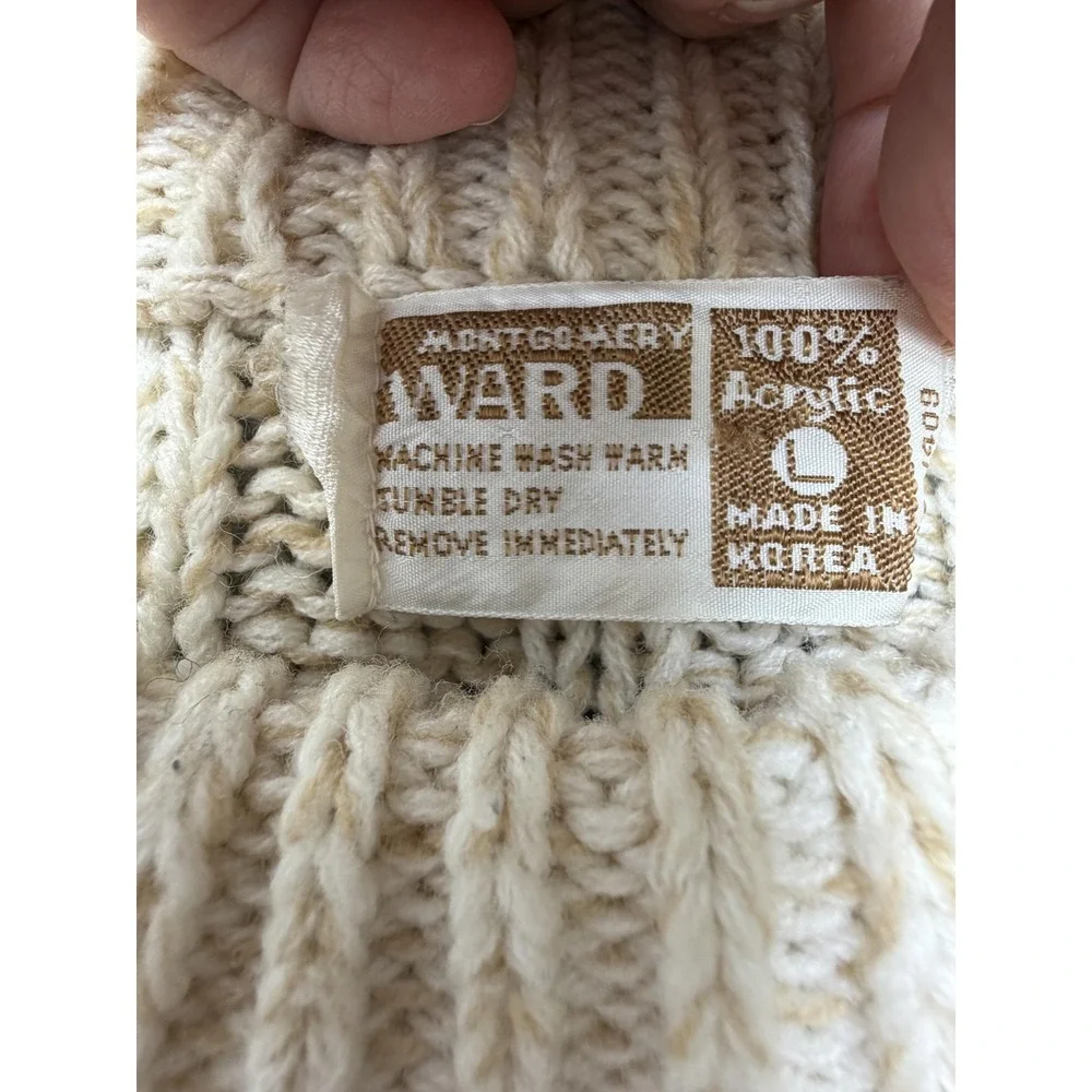 Vintage Montgomery Ward Sweater Mens Large Beige Cable Knit Crewneck Pullover